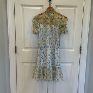 NWT ML Monique Lhuillier Embroidered Mesh Mini Dress in Aqua (size 2)